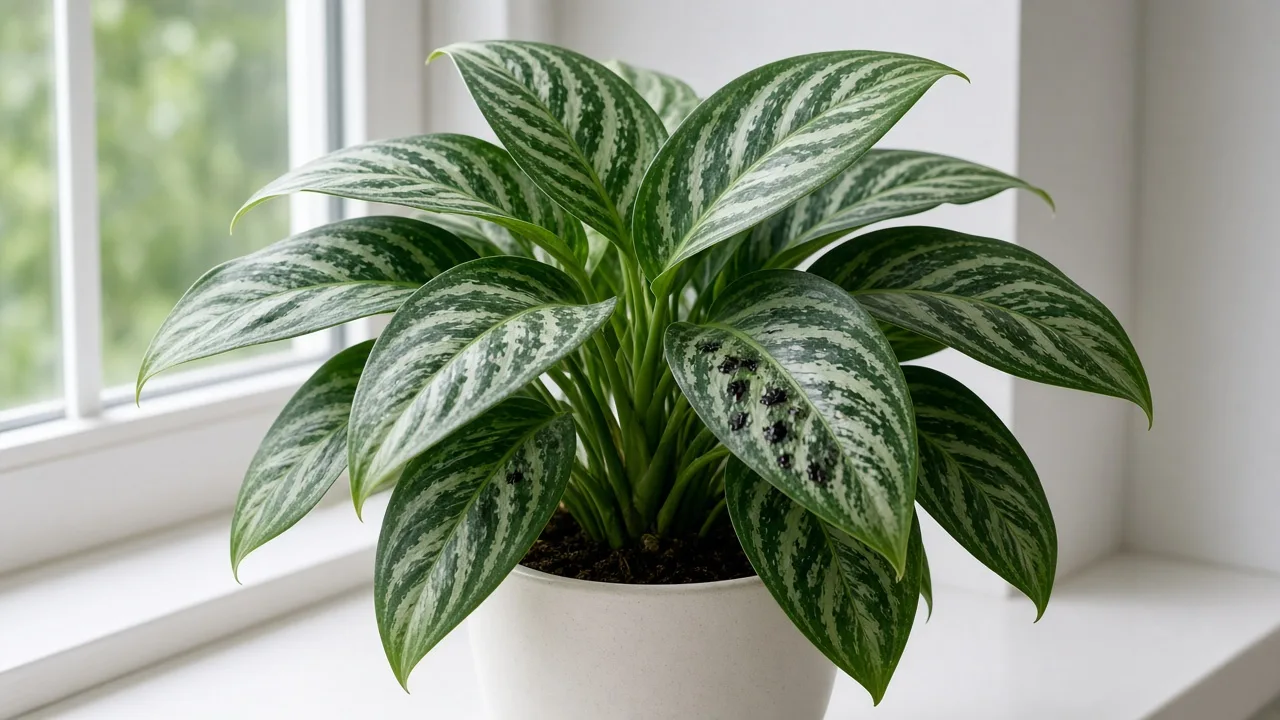 Black spots on Aglaonema Maria - dark lesions on silver-marbled lower leaves