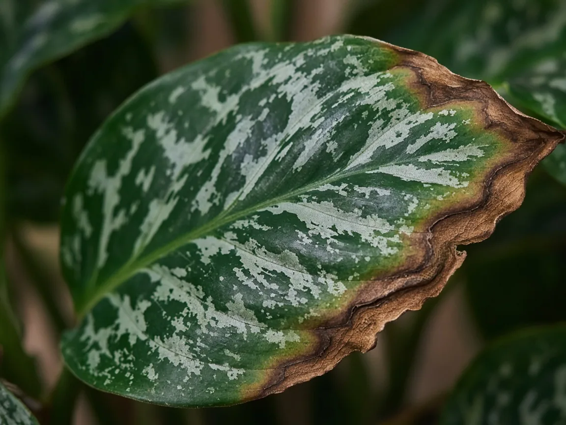 Close-up of brown leaves on Aglaonema Maria - crispy necrotic margins on silver-marbled blade
