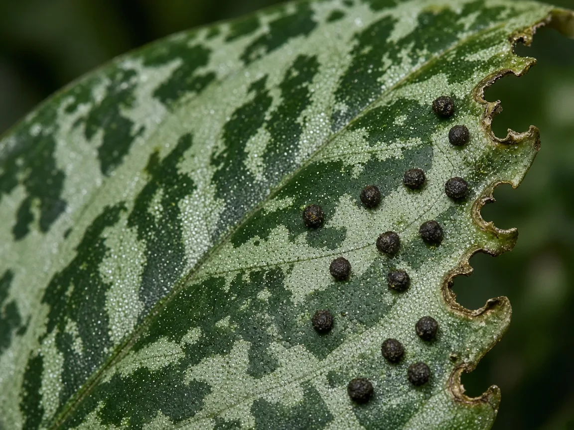 Close-up of caterpillar damage on Aglaonema Maria - irregular chewed notches on dark green and silver marbled leaf with dark frass pellets