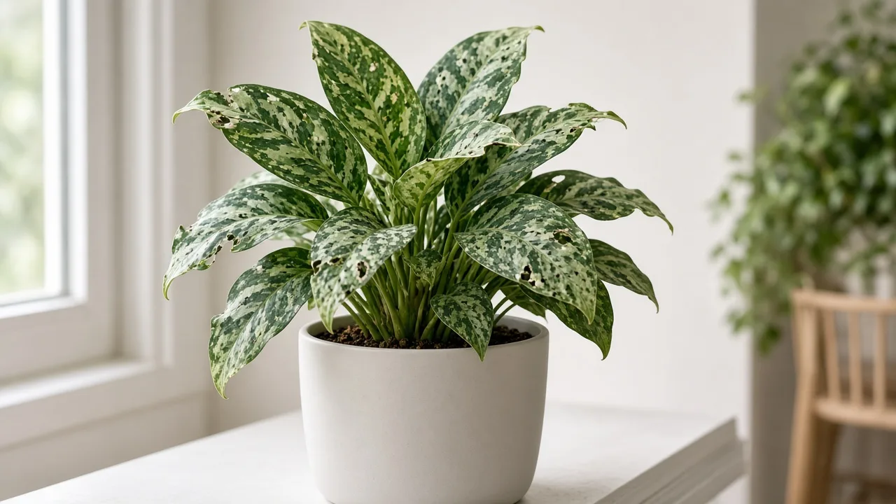 Caterpillars on Aglaonema Maria - ragged chewed notches on dark green and silver marbled leaves with dark frass pellets