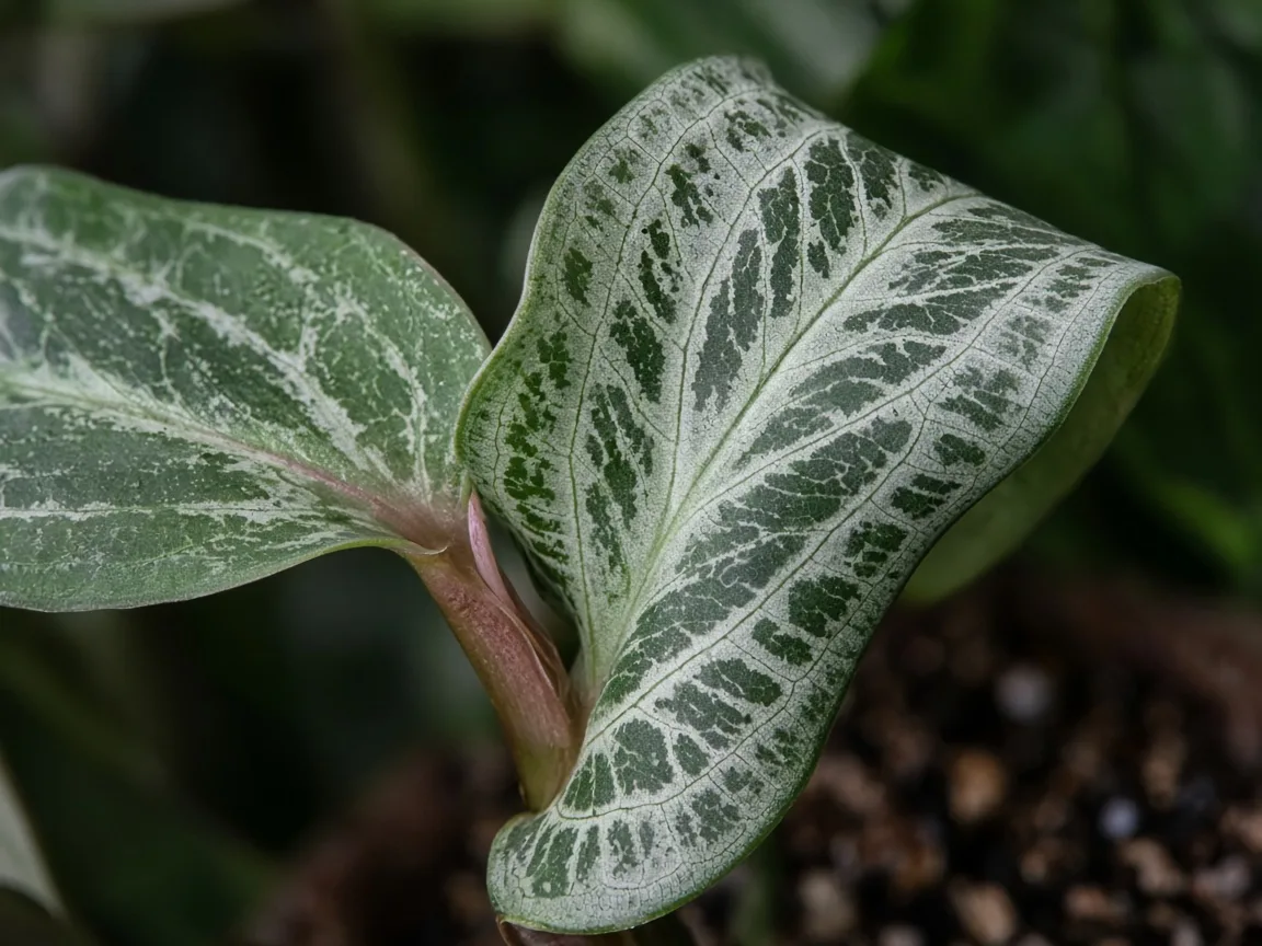 Close-up of curling leaves on Aglaonema Maria - lengthwise cup on silver-marbled blade