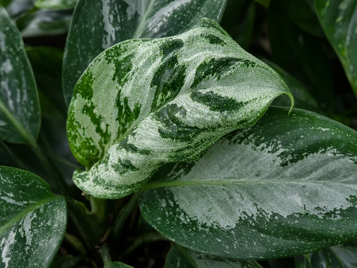 Close-up of distorted leaves on Aglaonema Maria - puckered twisted new blade with stippling