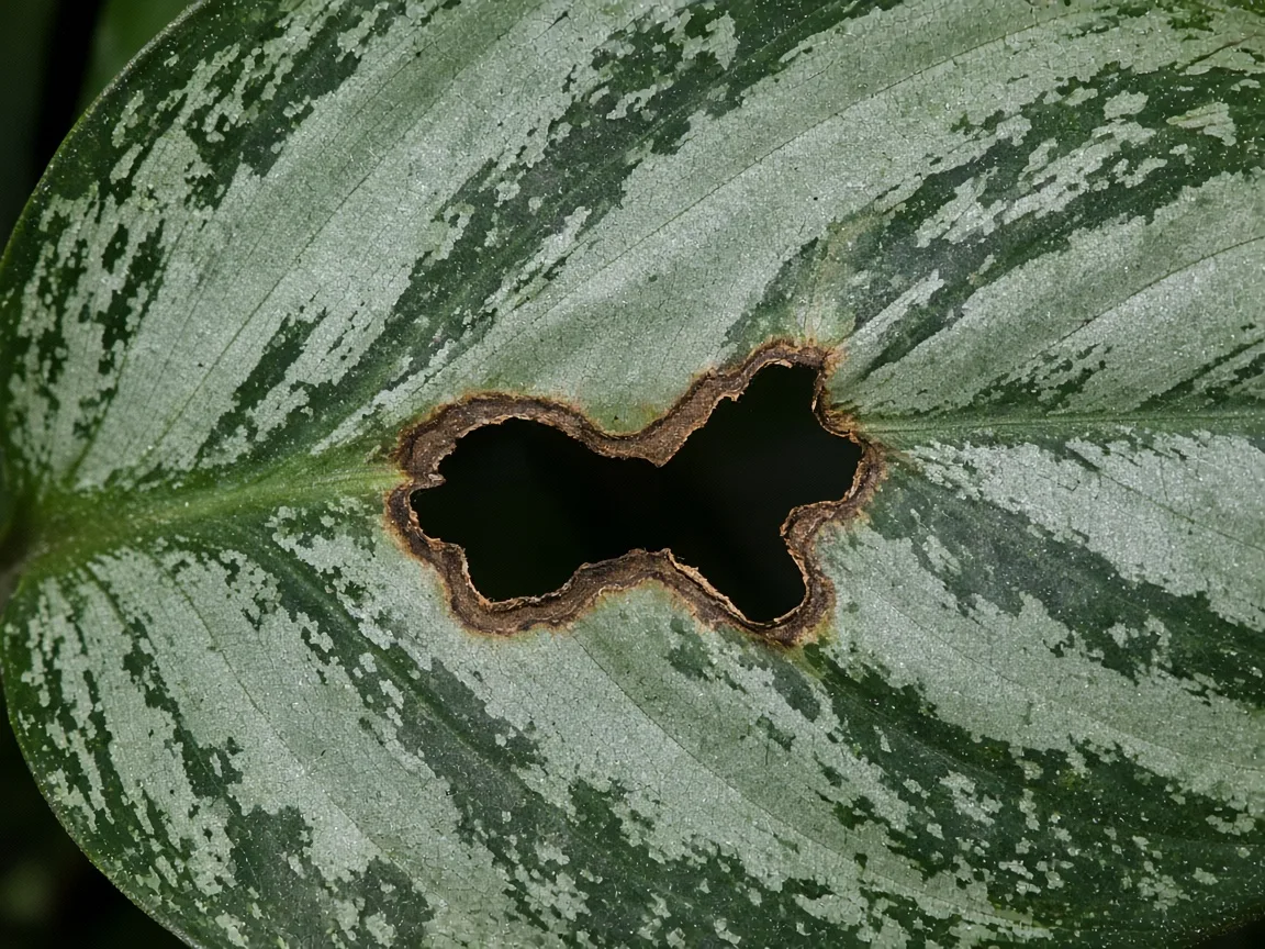 Close-up of holes in leaves on Aglaonema Maria - irregular brown-rimmed gap in marbled tissue