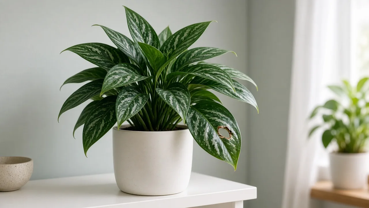 Holes in leaves on Aglaonema Maria - irregular gap in silver-marbled blade