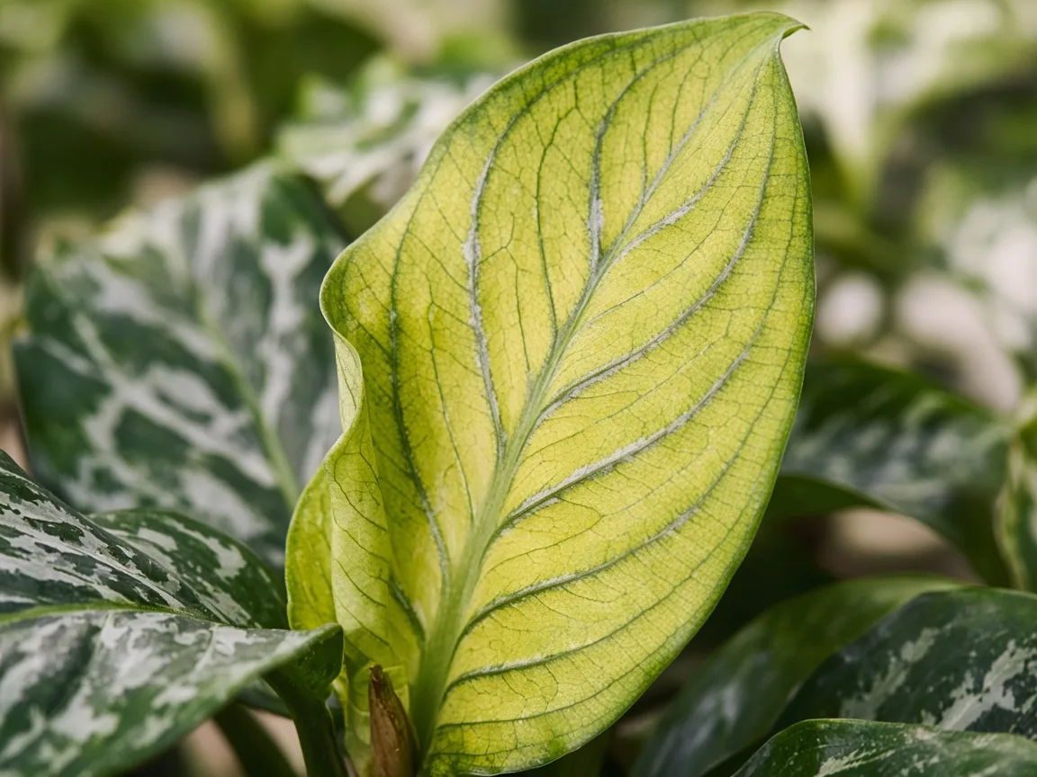 Close-up of interveinal chlorosis on new Maria crown leaf