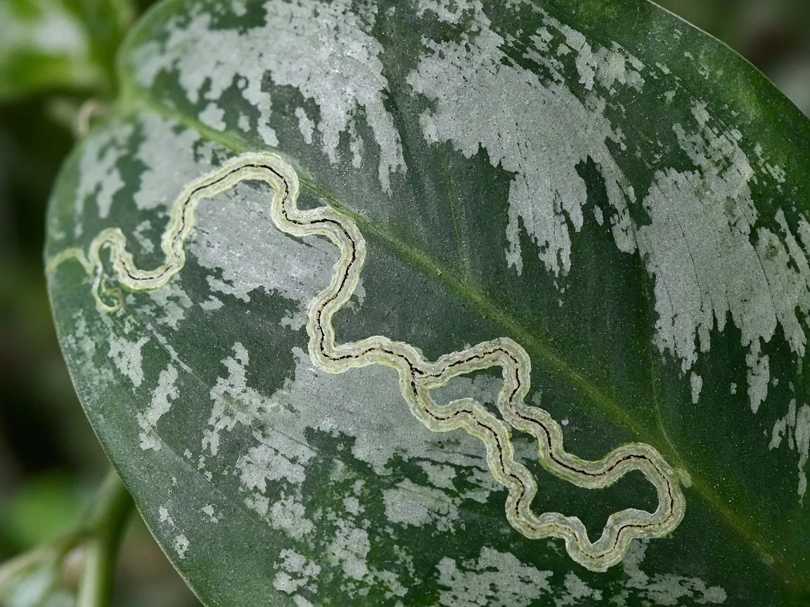 Close-up of a pale serpentine leaf miner tunnel inside a dark green and silver marbled Aglaonema Maria leaf