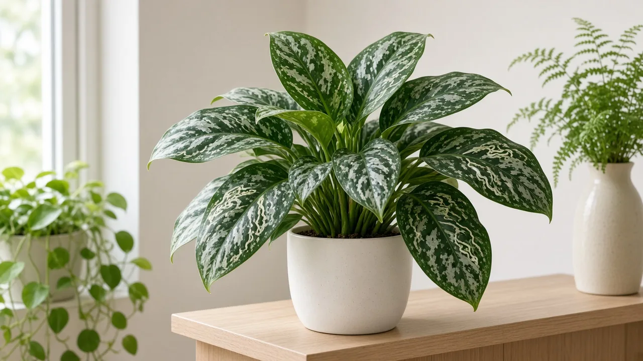 Leaf miners on Aglaonema Maria - pale serpentine tunnels winding through dark green and silver marbled leaves