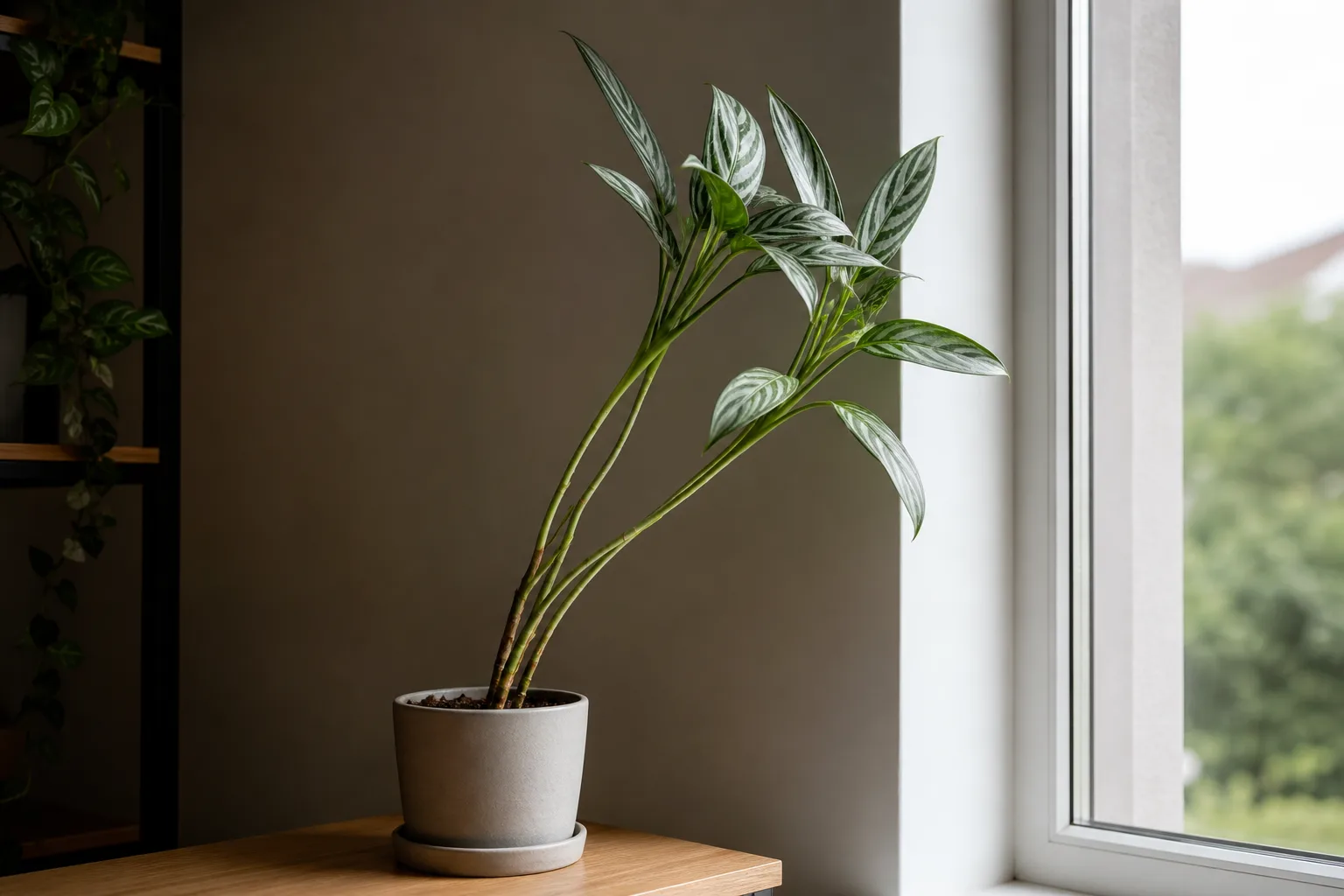 Leggy growth on Aglaonema Maria - stretched stems leaning toward light with dull silver striping