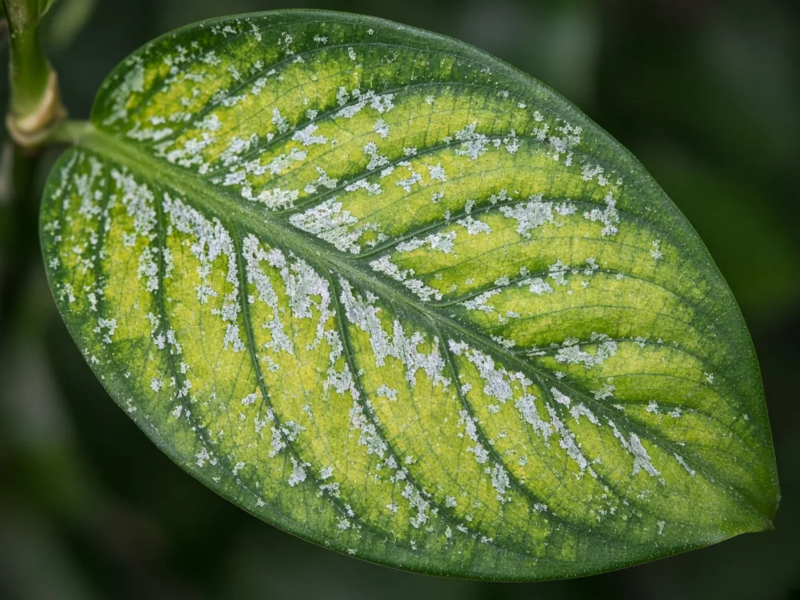 Close-up of interveinal chlorosis on older Maria broad oval leaf