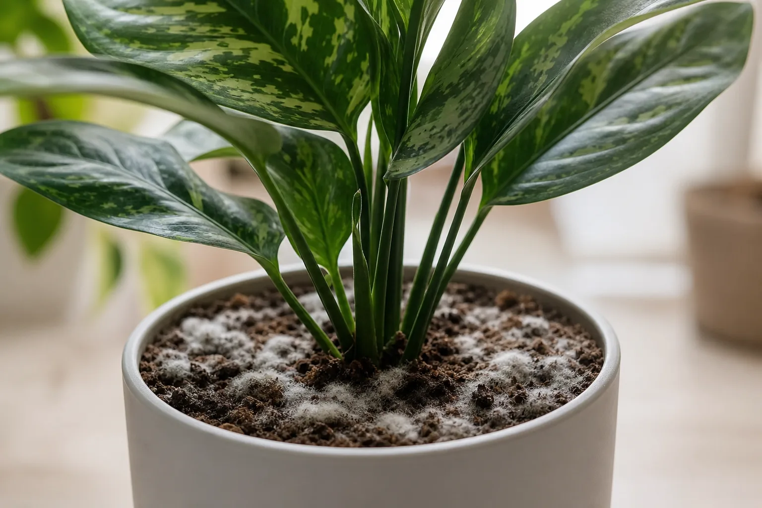 Mold on Soil on Aglaonema Maria - visible symptom on the plant