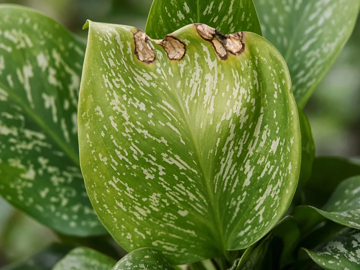 Close-up of pale oldest lower Maria broad oval leaf with faded silver speckling
