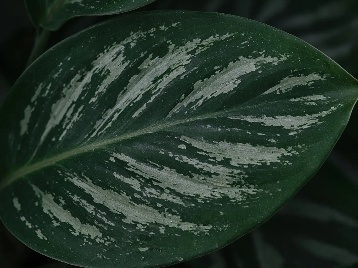 Close-up of pale leaves on Aglaonema Maria - faded variegation on leaf surface