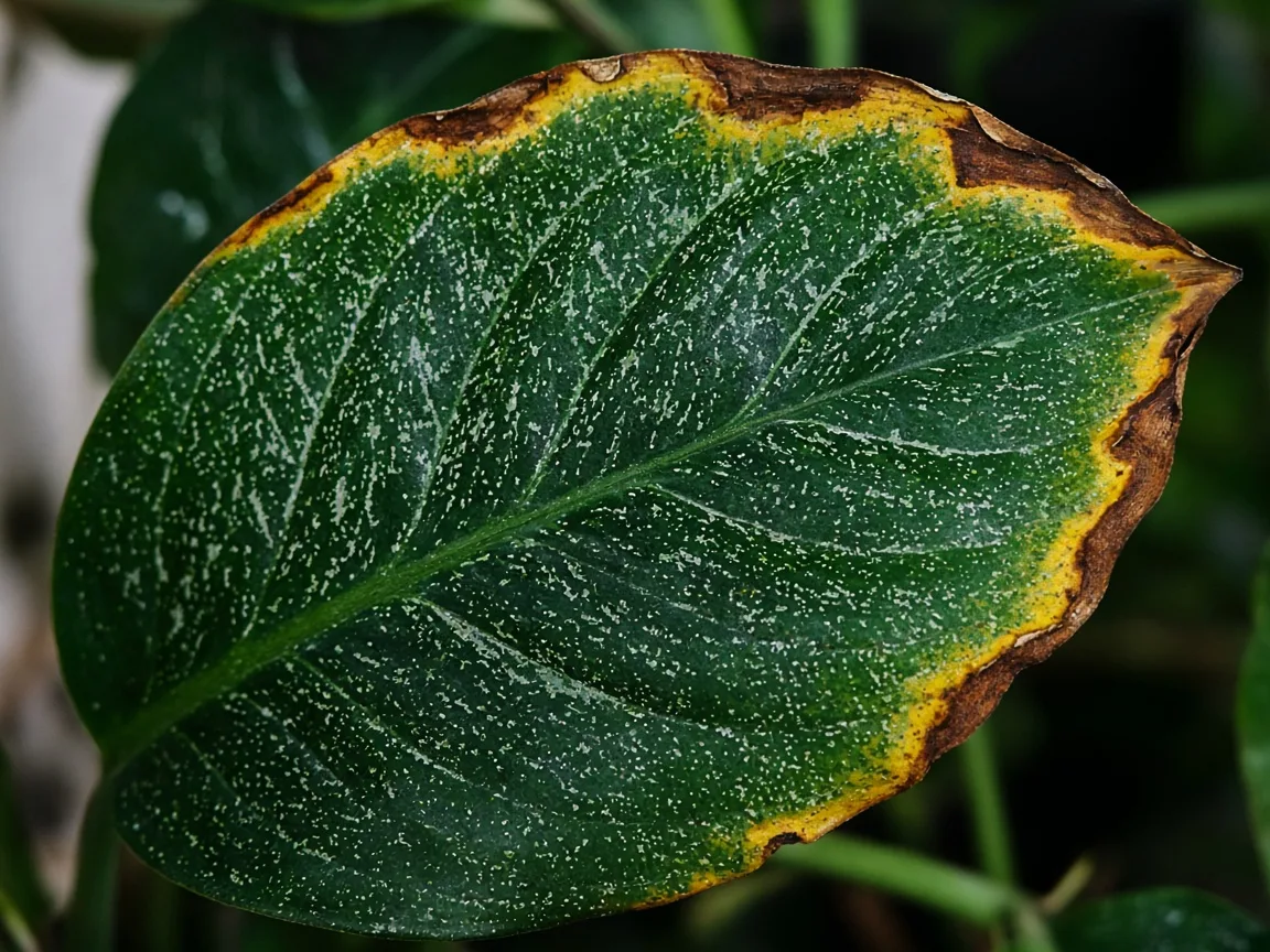 Close-up of yellow-tan scorch along the outer margin of an older Aglaonema Maria broad oval leaf with silver speckling still visible in the green interior tissue