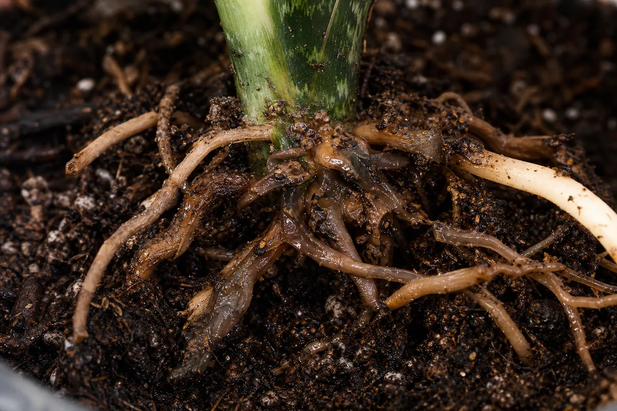 Close-up of root rot on Aglaonema Maria - brown slimy rotted roots against dark wet potting mix
