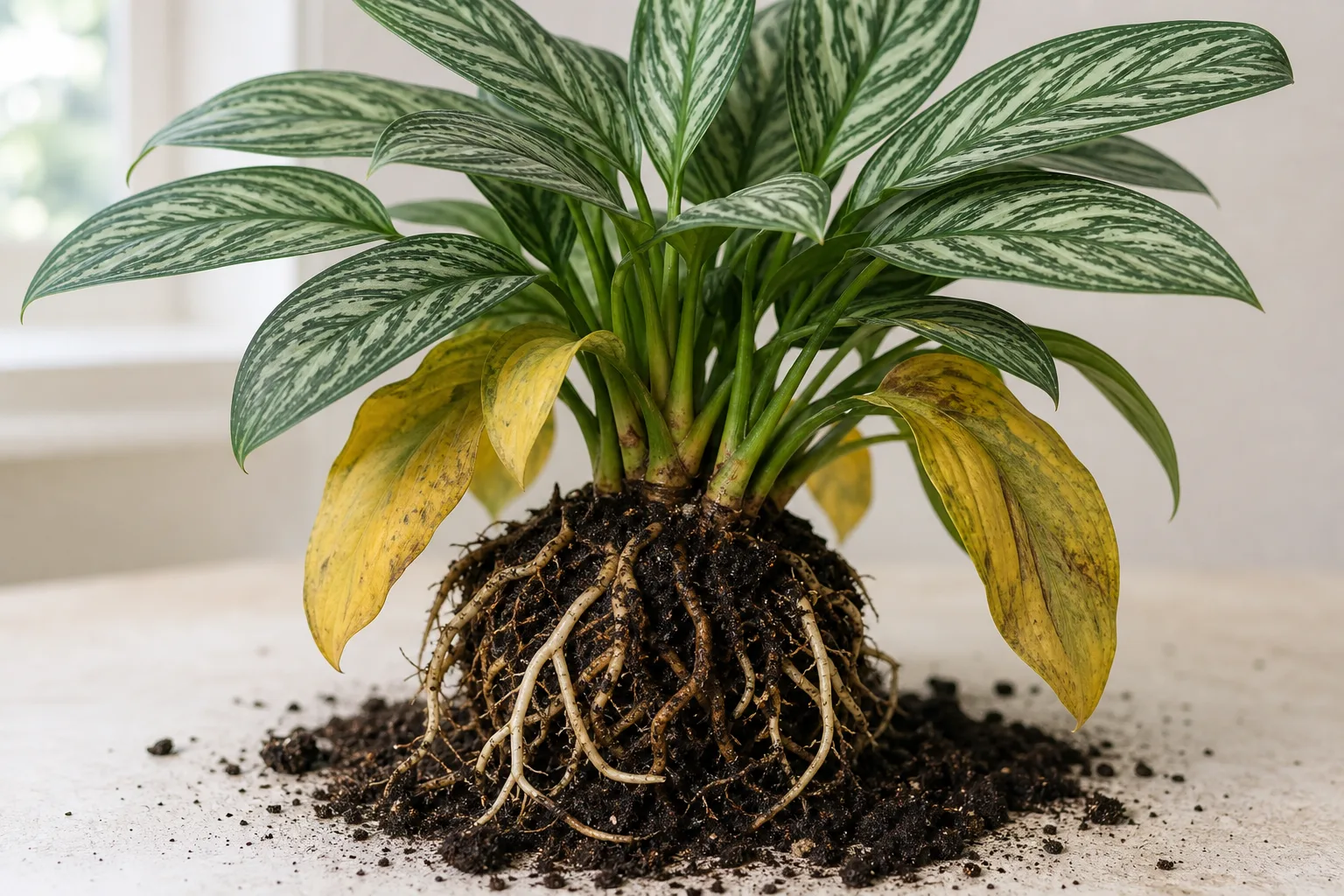 Root rot on Aglaonema Maria - yellowing drooping leaves with exposed brown mushy roots
