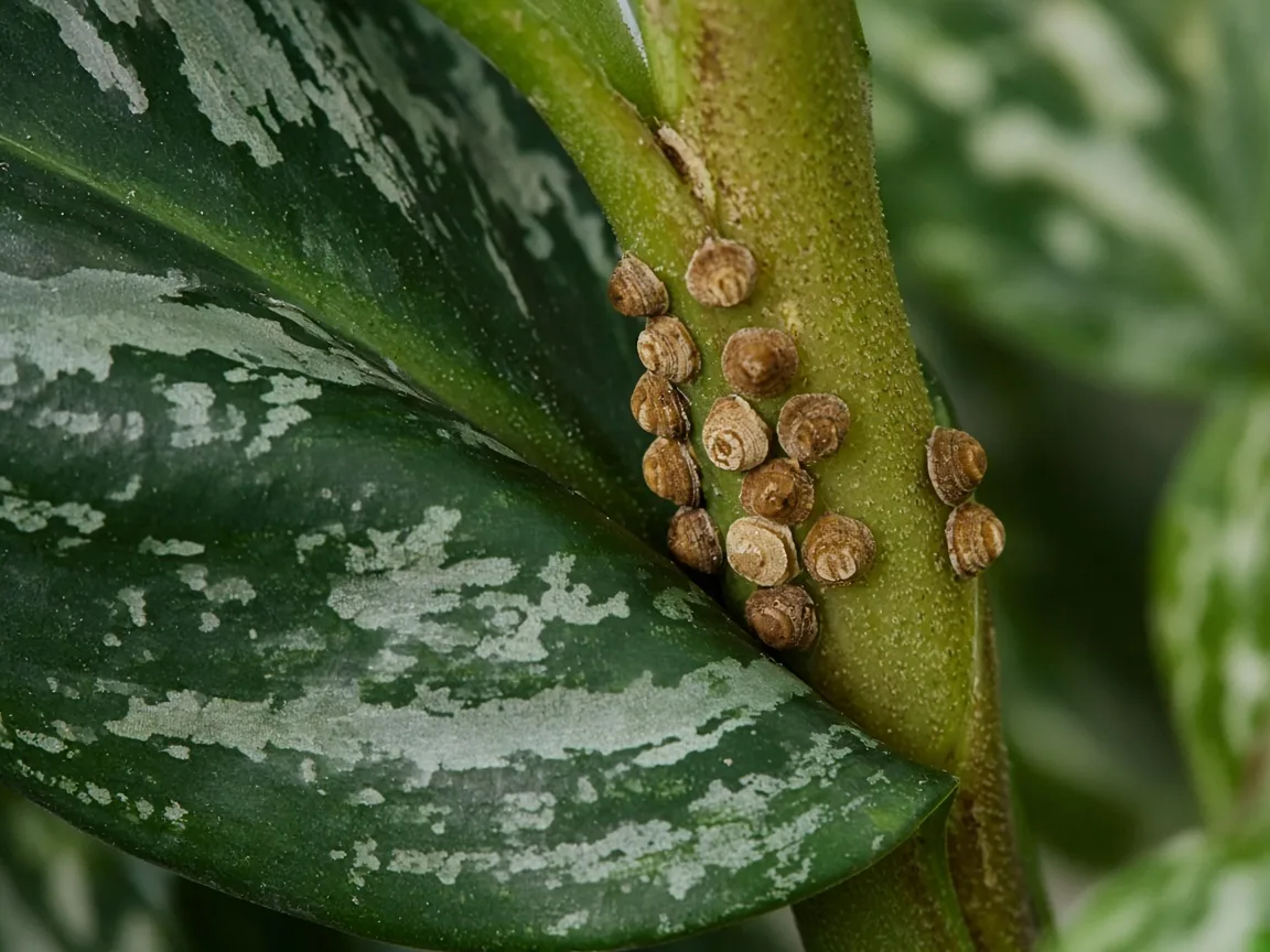 Close-up of tan scale insect bumps along the petiole base of a dark green and silver-striped Aglaonema Maria leaf