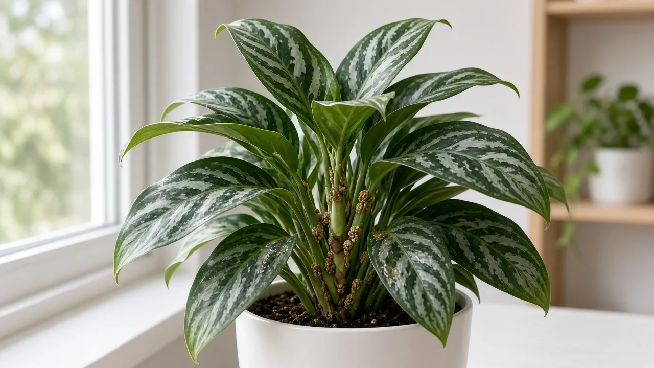 Scale insects on Aglaonema Maria - tan bumps on dark green and silver-striped Chinese evergreen petiole bases