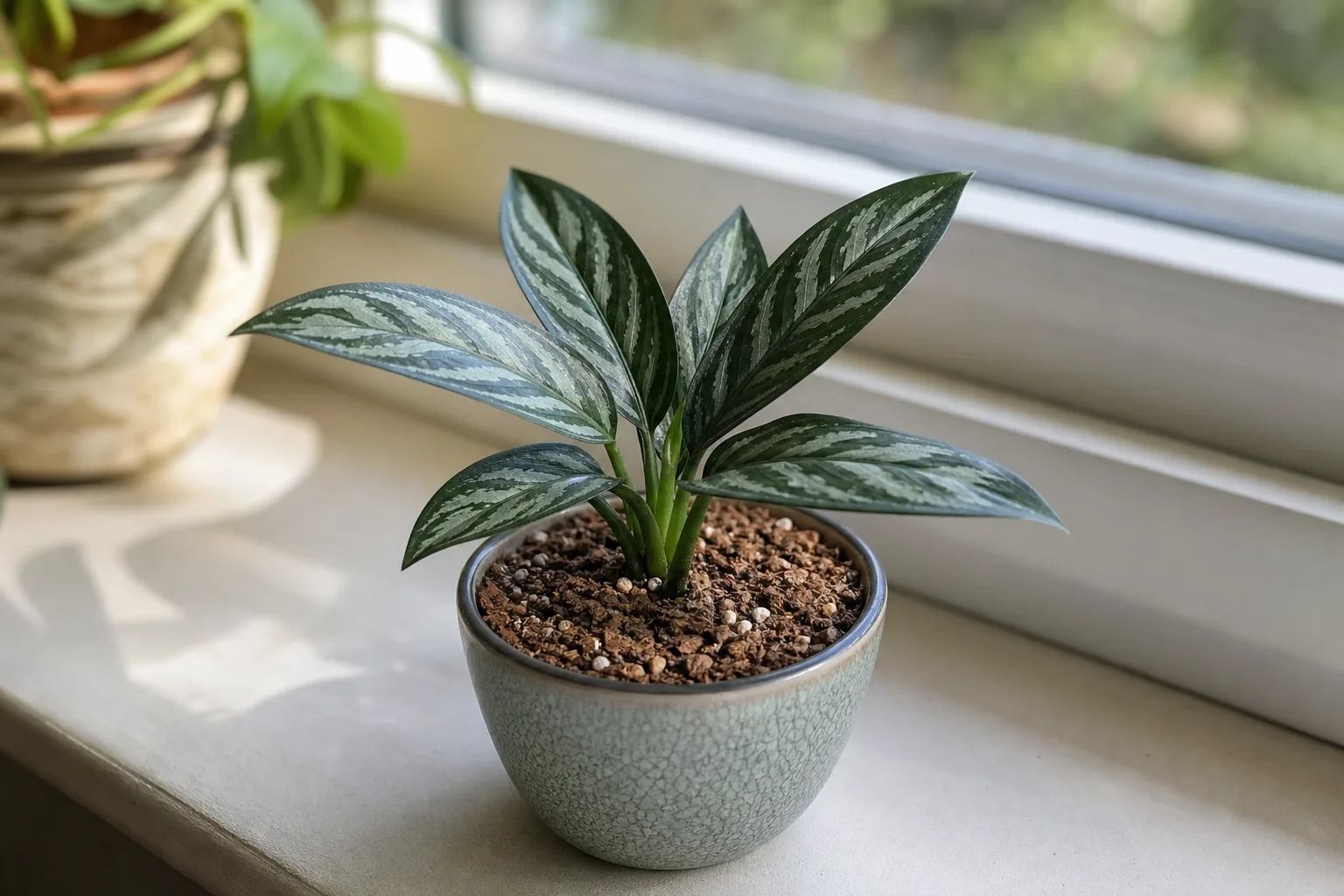 Slow growth on Aglaonema Maria - compact tight rosette with crisp silver-striped foliage