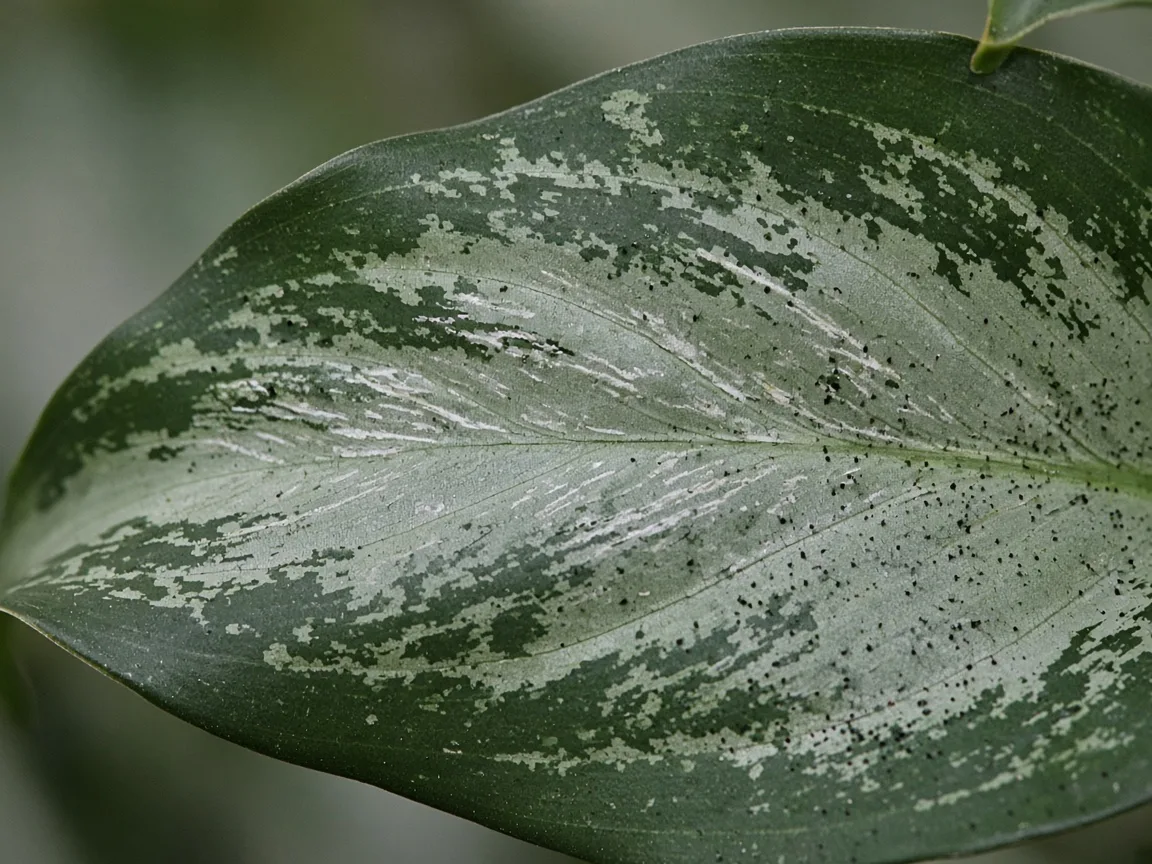 Close-up of thrips damage on Aglaonema Maria - silvery streaks and black frass on a silver-marbled blade
