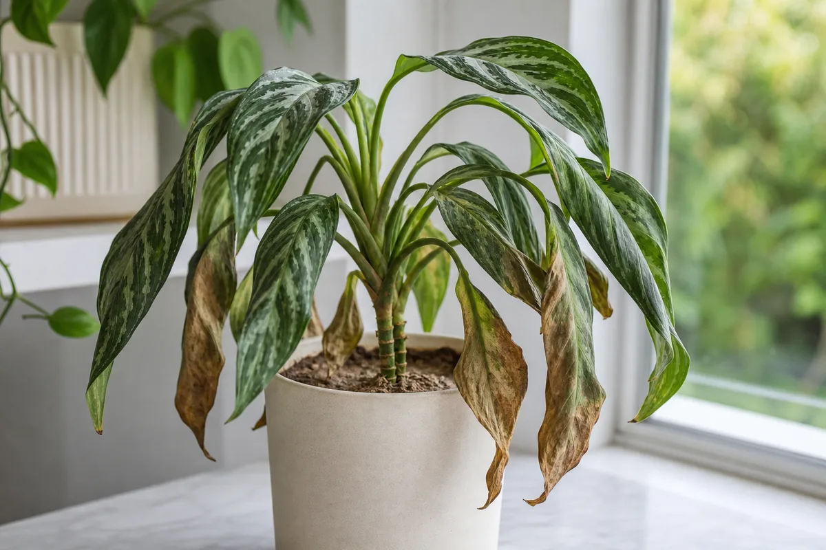 Close-up of Underwatering on Aglaonema Maria - diagnostic detail