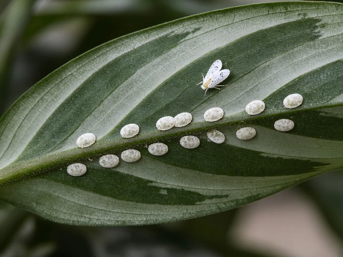 Close-up of whitefly nymph disks on the underside of a silver-striped Aglaonema Maria lance leaf