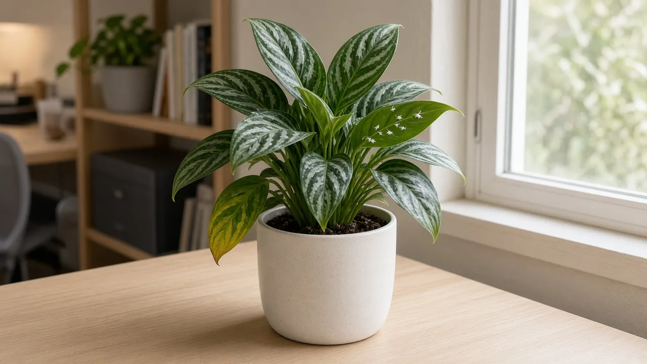 Whiteflies on Aglaonema Maria - tiny white insects on silver-striped lance leaf undersides