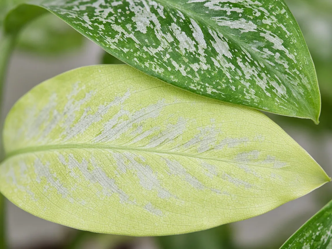 Close-up of pale oldest lower Aglaonema lance leaf with faded silver patterning