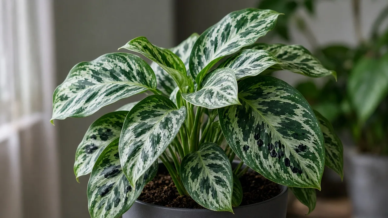 Black Spots on Aglaonema Pictum Tricolor - visible symptom on variegated Chinese evergreen foliage