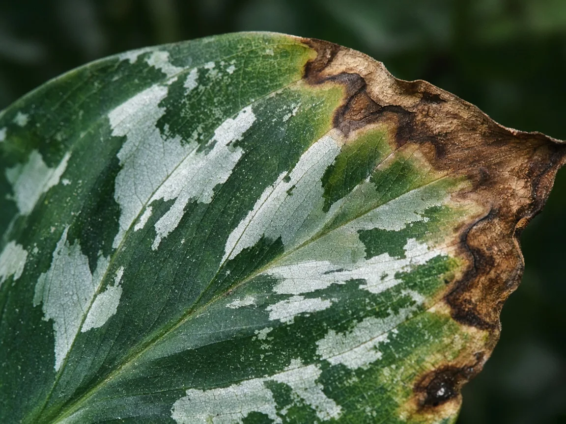 Close-up of brown leaves on Aglaonema Pictum Tricolor — necrotic margin on variegated blade