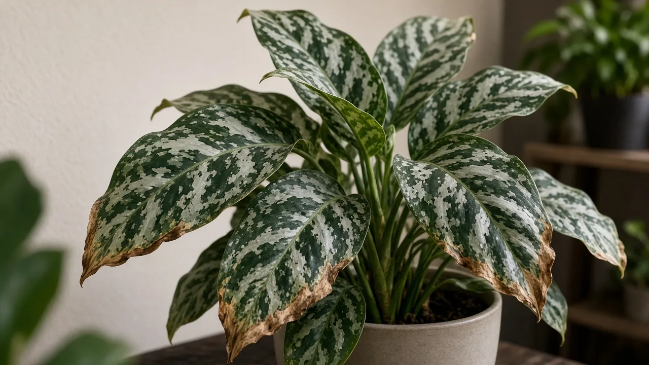 Brown Leaves on Aglaonema Pictum Tricolor - visible symptom on variegated Chinese evergreen foliage
