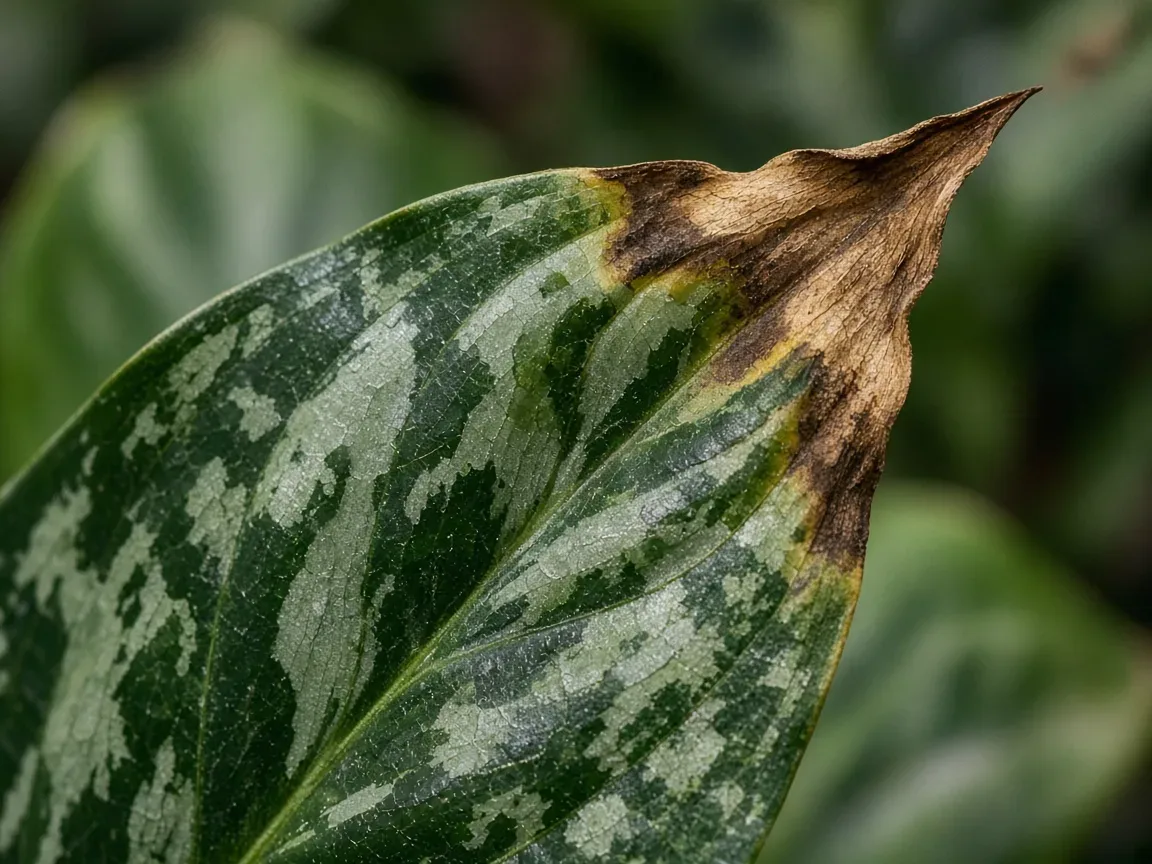 Close-up of dry brown tips on Pictum Tricolor camouflage leaves