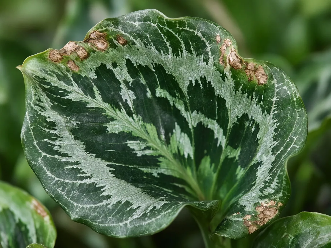Close-up of cupped margin-burned new Pictum Tricolor crown camouflage leaf