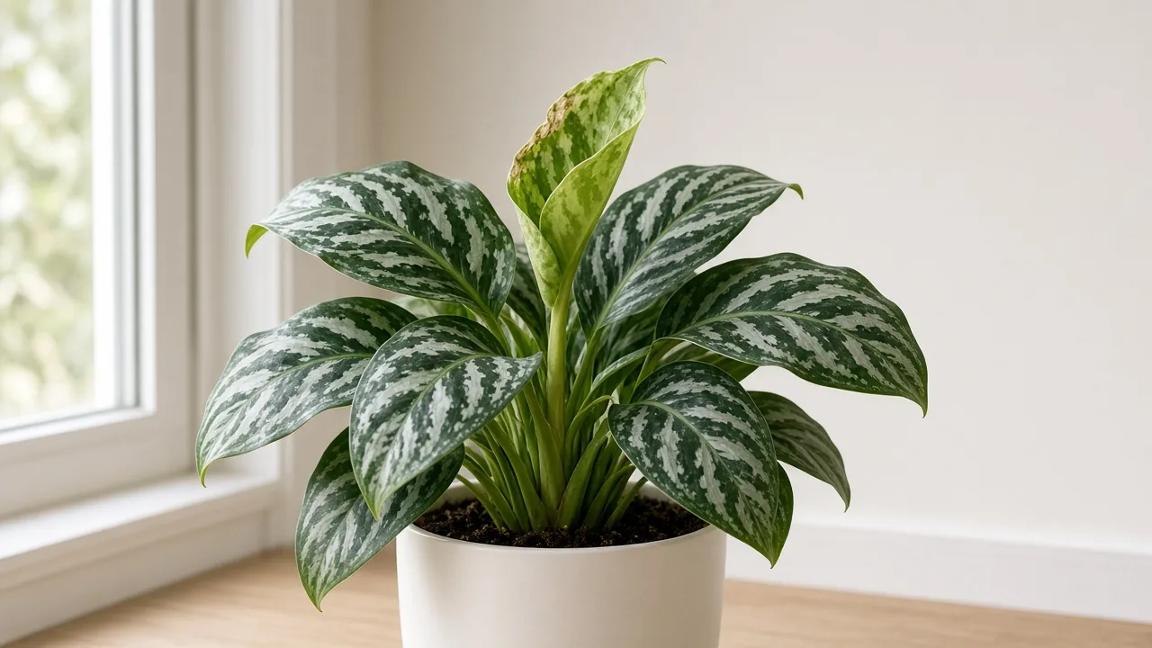 Calcium deficiency on Aglaonema Pictum Tricolor - cupped new camouflage leaf at the crown spear
