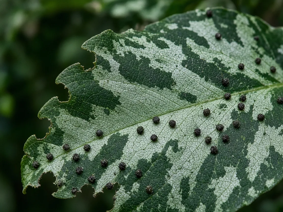 Close-up of caterpillar damage on Aglaonema Pictum Tricolor - irregular chewed notches on camouflage-pattern ribbon leaf with dark frass pellets