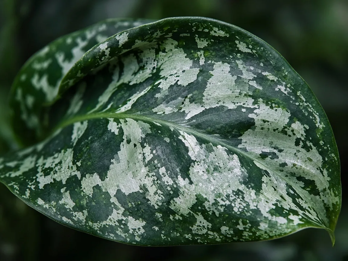 Close-up of curling leaves on Aglaonema Pictum Tricolor - cupped variegated leaf surface