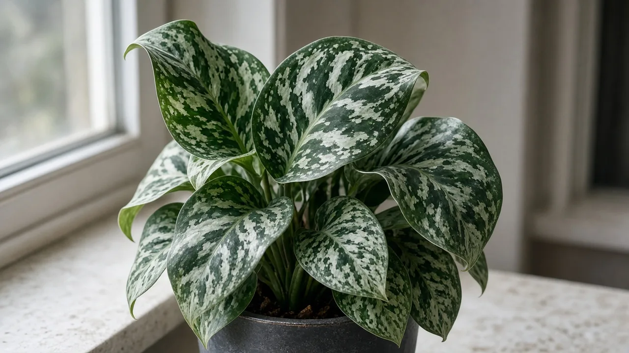 Curling Leaves on Aglaonema Pictum Tricolor - visible symptom on variegated Chinese evergreen foliage