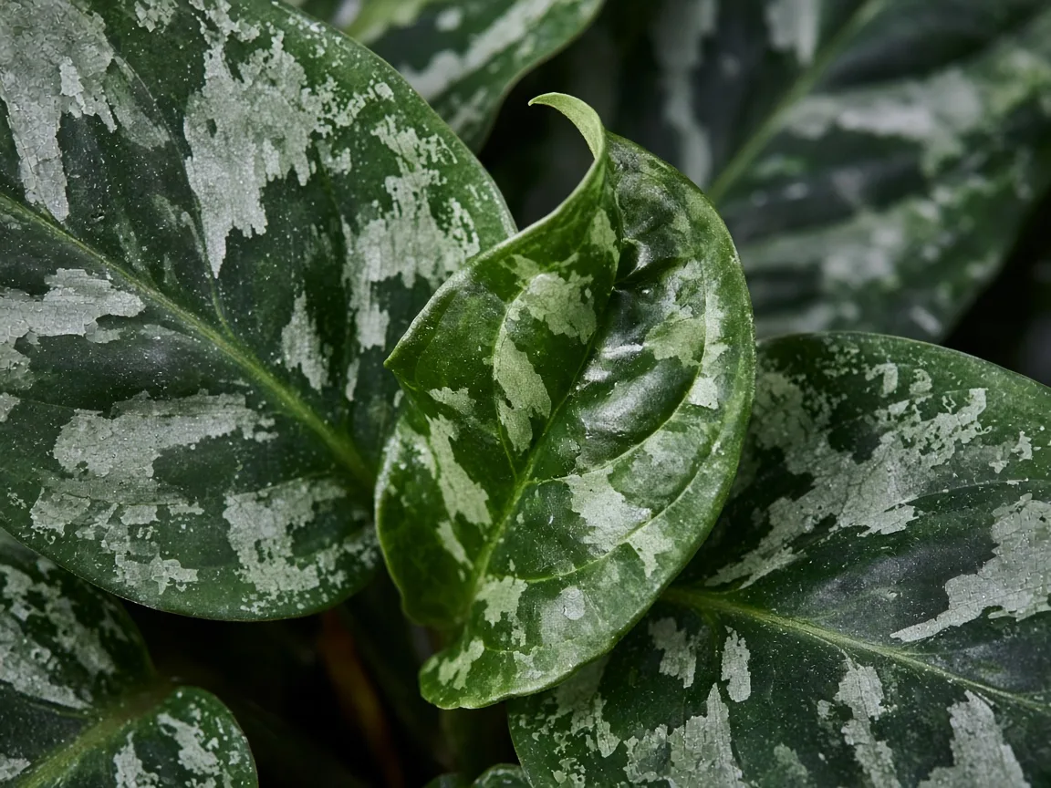 Close-up of distorted leaves on Aglaonema Pictum Tricolor - puckered variegated leaf