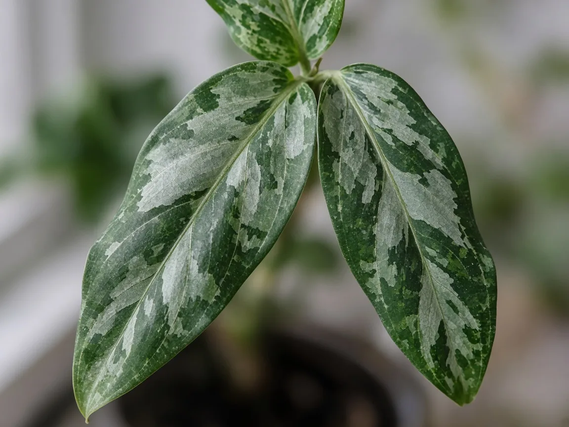 Close-up of drooping leaves on Aglaonema Pictum Tricolor - diagnostic detail