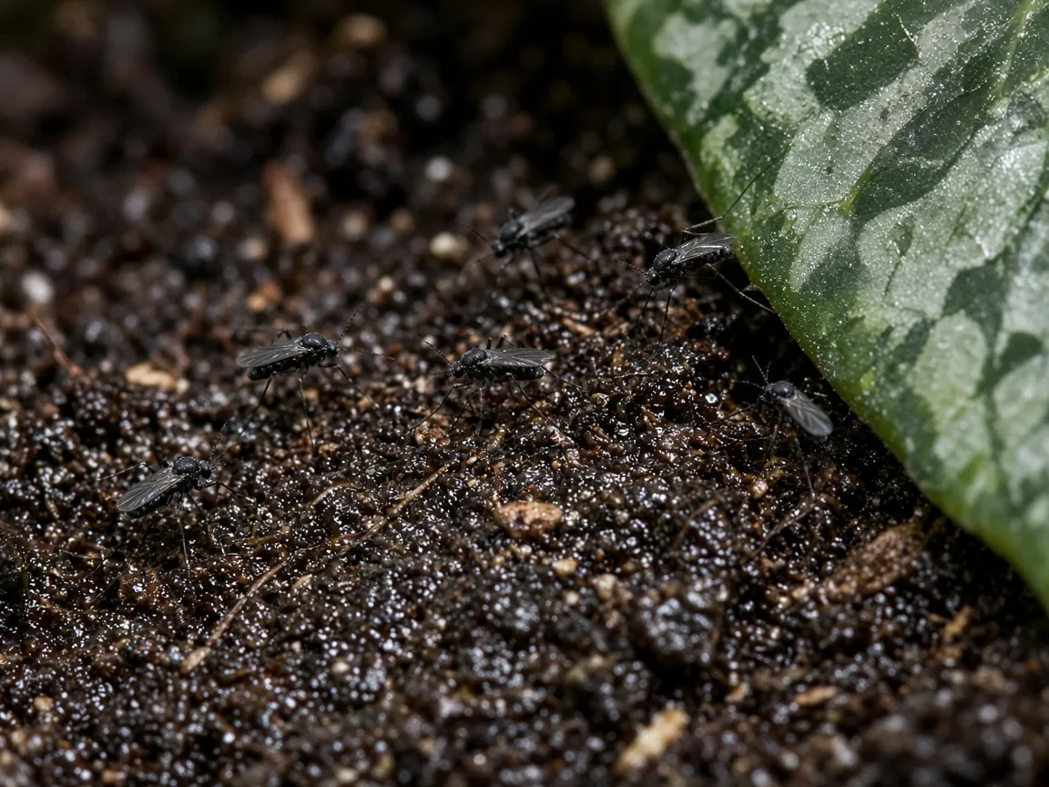 Close-up of fungus gnats on damp potting mix at the base of Aglaonema Pictum Tricolor camouflage leaves