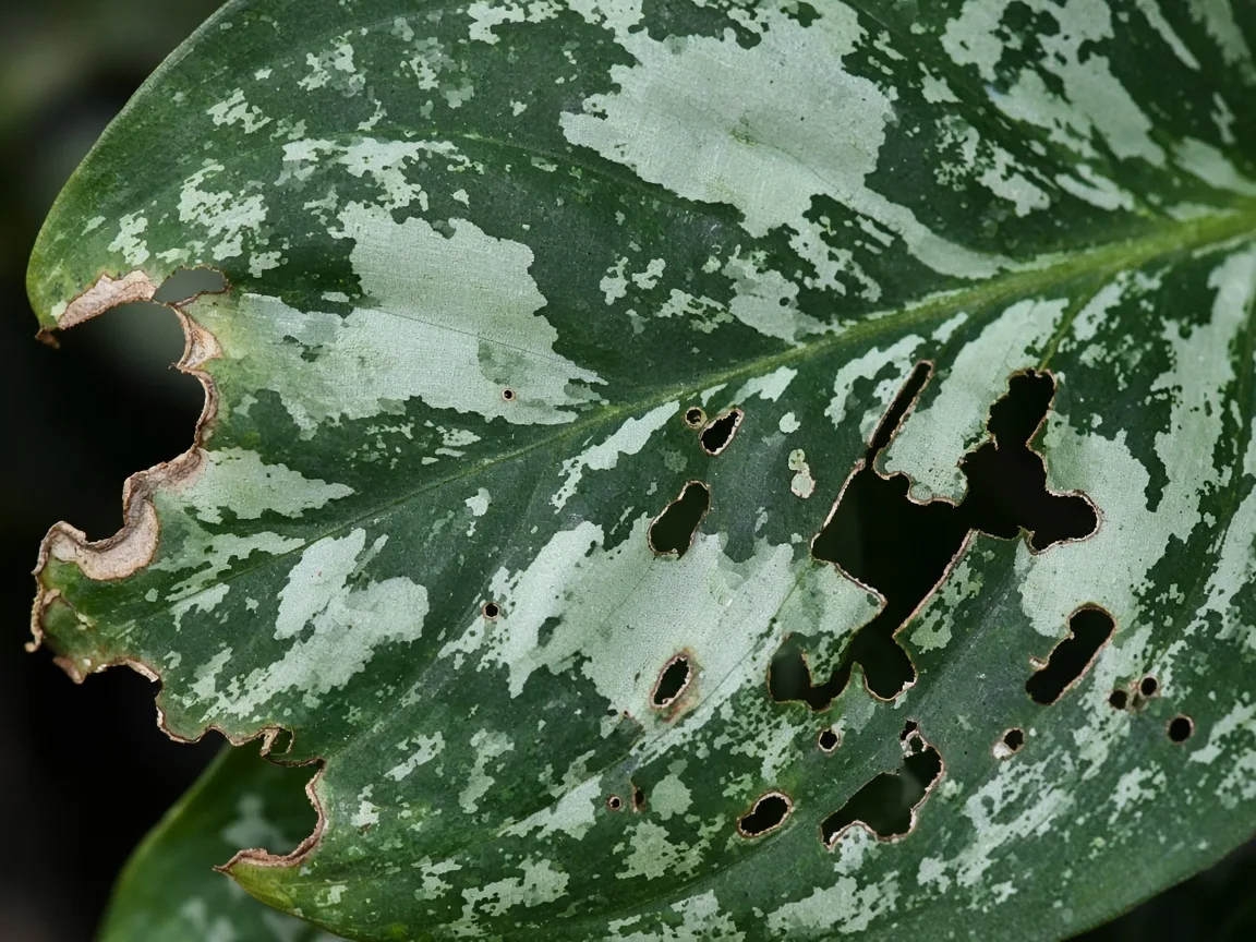 Close-up of holes in leaves on Aglaonema Pictum Tricolor — chewed margin on variegated leaf