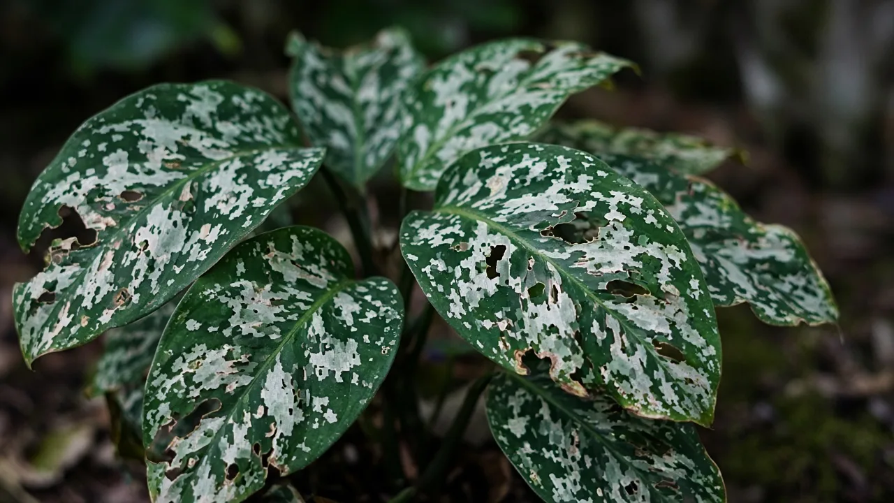 Holes In Leaves on Aglaonema Pictum Tricolor - visible symptom on variegated Chinese evergreen foliage