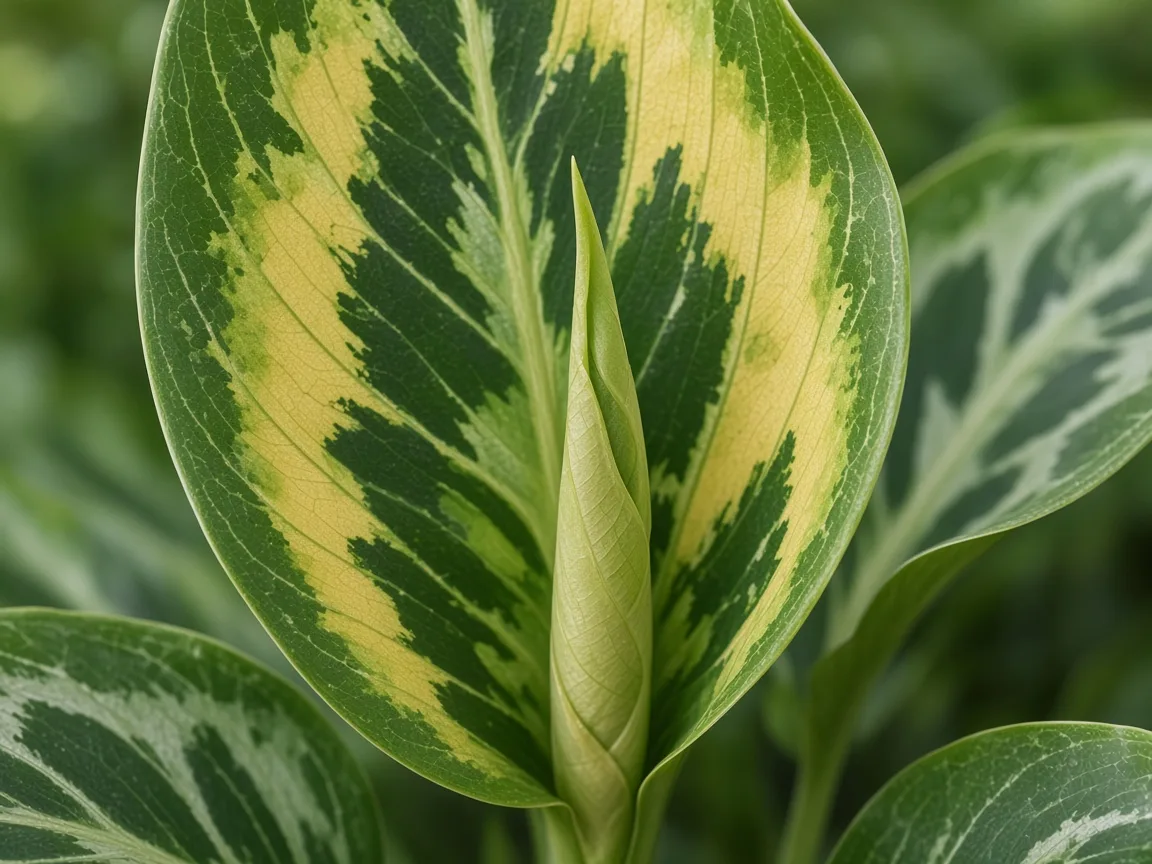 Close-up of interveinal chlorosis on new Pictum Tricolor crown spear leaf