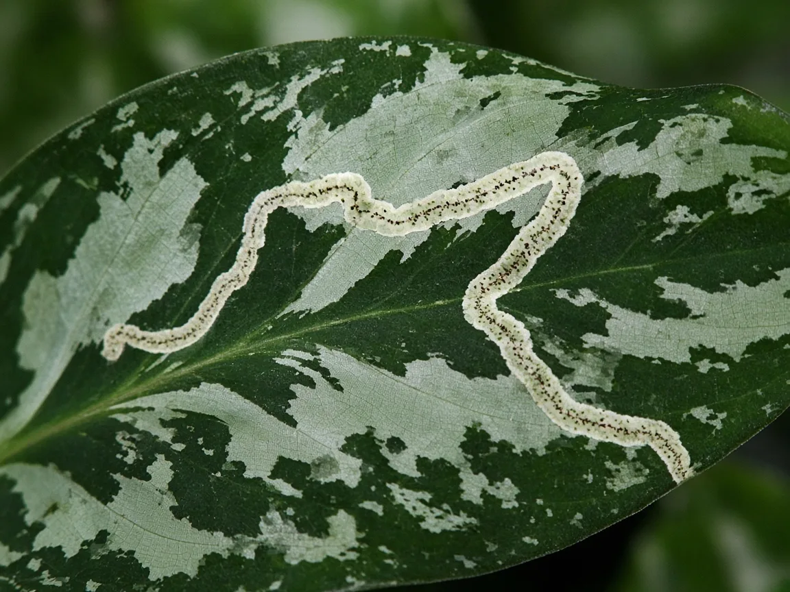 Close-up of a pale serpentine leaf miner tunnel inside a camouflage-pattern Aglaonema Pictum Tricolor ribbon leaf with silver veining