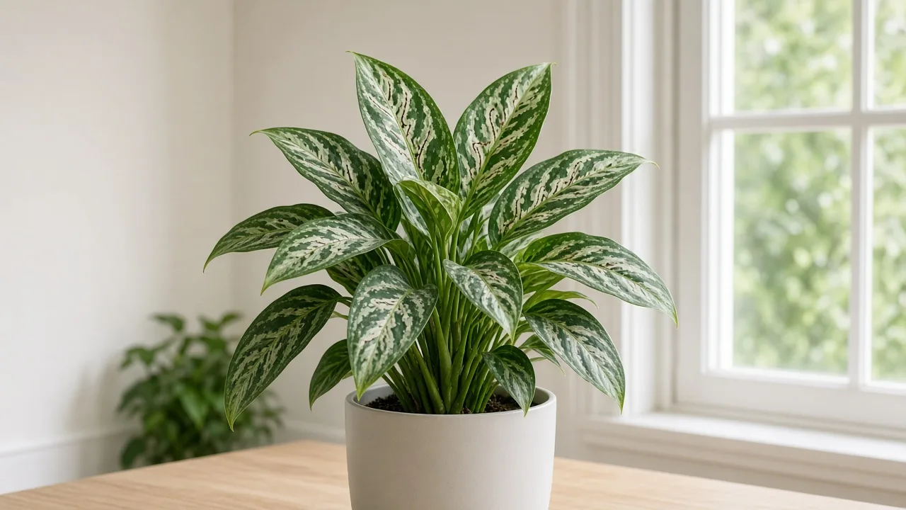 Leaf miners on Aglaonema Pictum Tricolor - pale serpentine tunnels winding through camouflage-pattern ribbon leaves