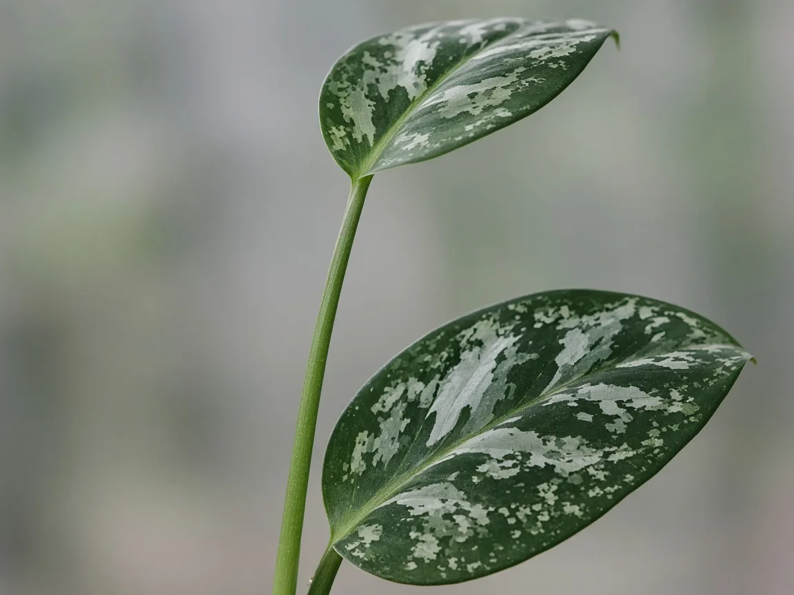 Close-up of leggy growth on Aglaonema Pictum Tricolor - elongated petioles with wide gaps between camouflage silver-veined ribbon leaves