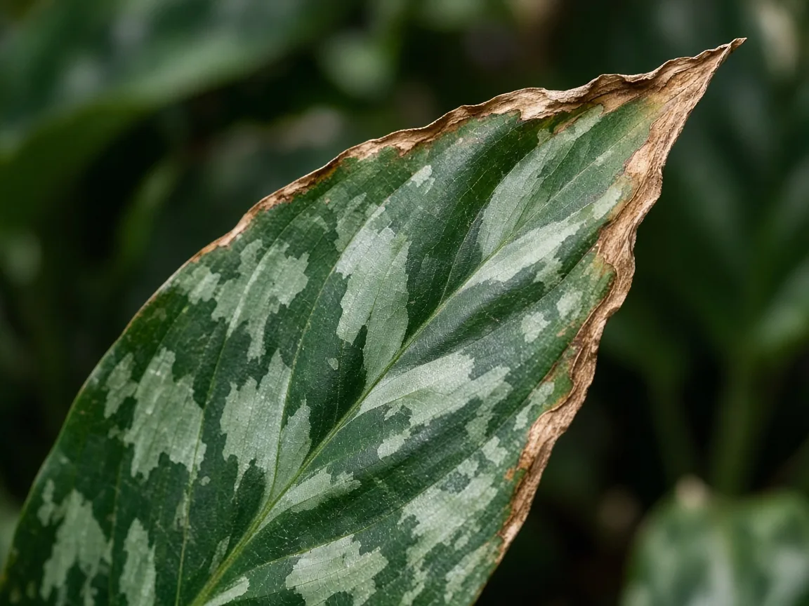 Close-up of low humidity on Aglaonema Pictum Tricolor - papery brown tips on camouflage silver-veined spear leaves