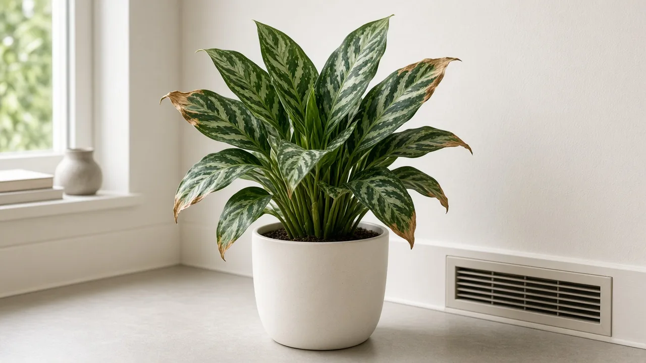 Aglaonema pictum tricolor showing brown leaf edges that can prompt a humidity and watering check