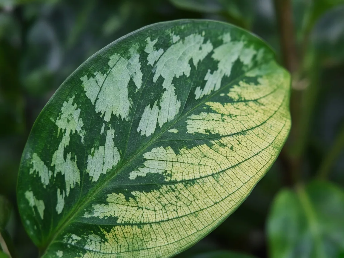 Close-up of interveinal chlorosis on older Pictum Tricolor camouflage leaf