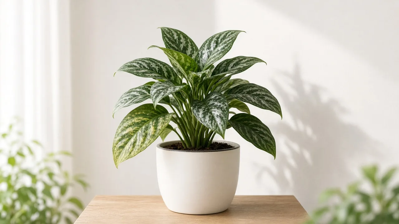 Magnesium deficiency on Aglaonema Pictum Tricolor - yellow between green veins on older lower camouflage leaves