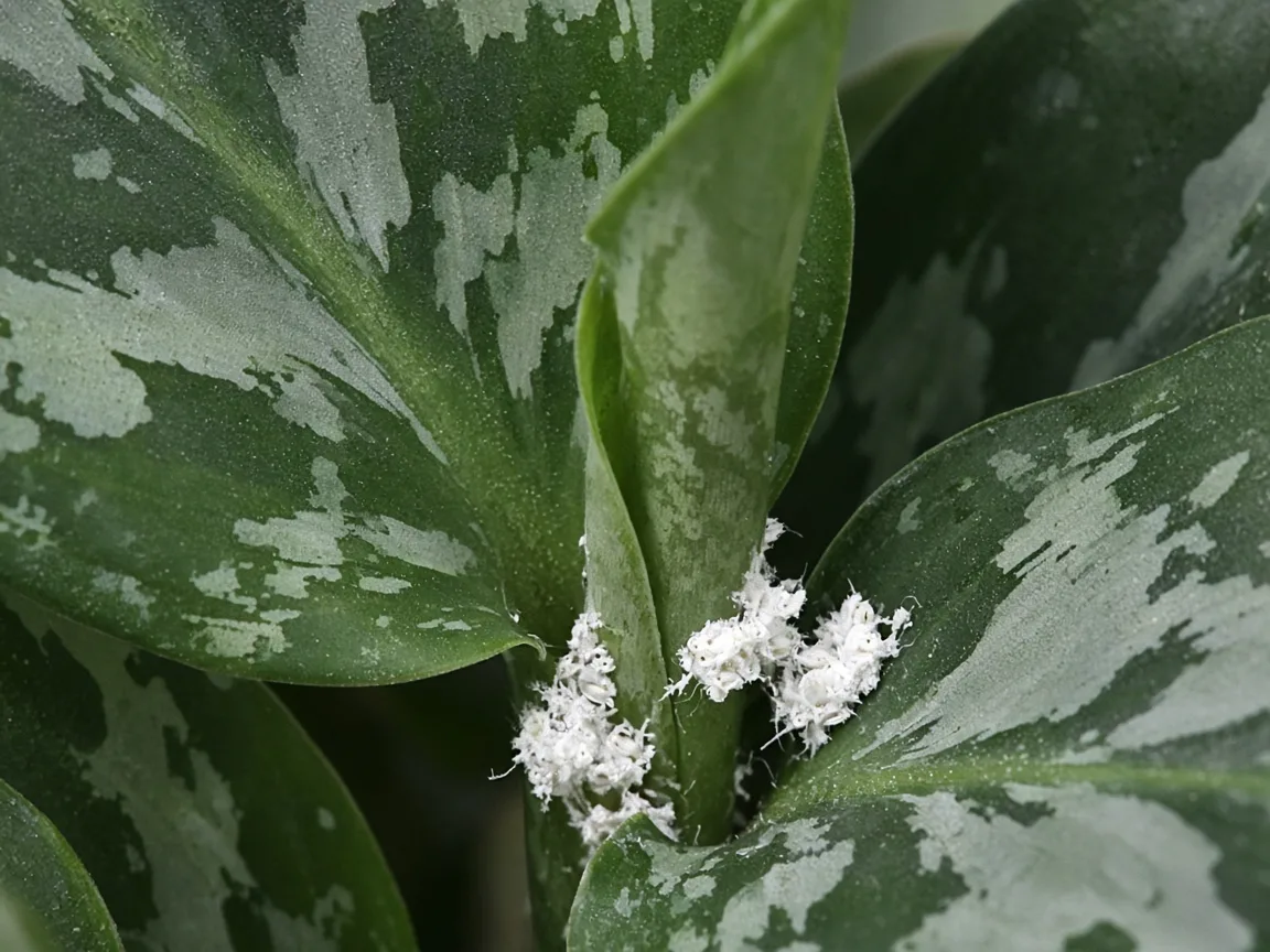 Close-up of white cottony mealybug clusters nestled in an Aglaonema Pictum Tricolor crown axil between camouflage-pattern leaves